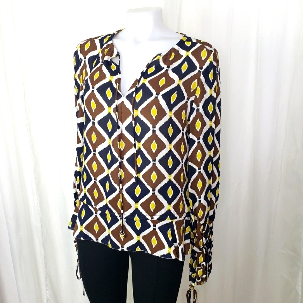 Tory Burch 100% silk blouse ikat print brown black yellow size 8